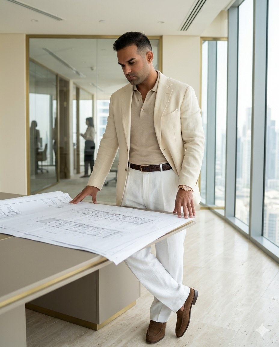 Dr. Michel Moore at the M2 / Bygnicon Building Contracting office in Dubai, reviewing fit-out plans