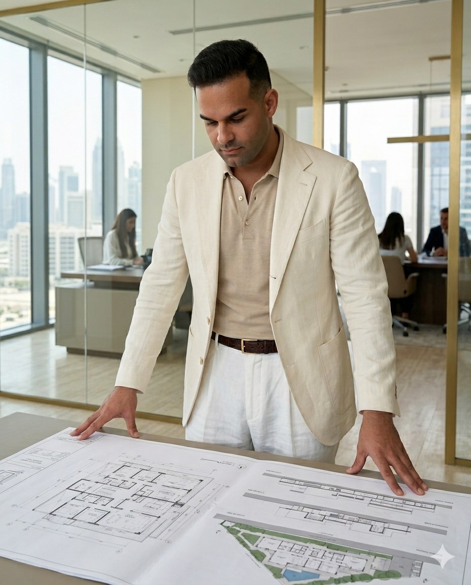 Dr. Michel Moore, Founder and CEO of M2 / Bygnicon Building Contracting L.L.C., reviewing villa drawings at the M2 office in Dubai
