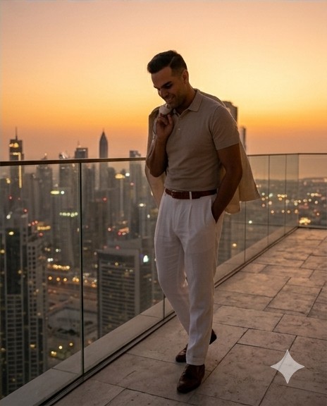 Dr. Michel Moore at dusk overlooking the Dubai skyline — Founder & CEO of M2 / Bygnicon Building Contracting L.L.C.