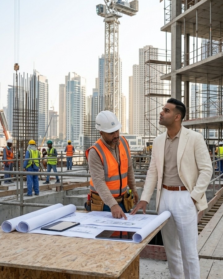 Dr. Michel Moore in coordination with the site team on an active Dubai project — M2 / Bygnicon Building Contracting in-house platform, principal-led delivery